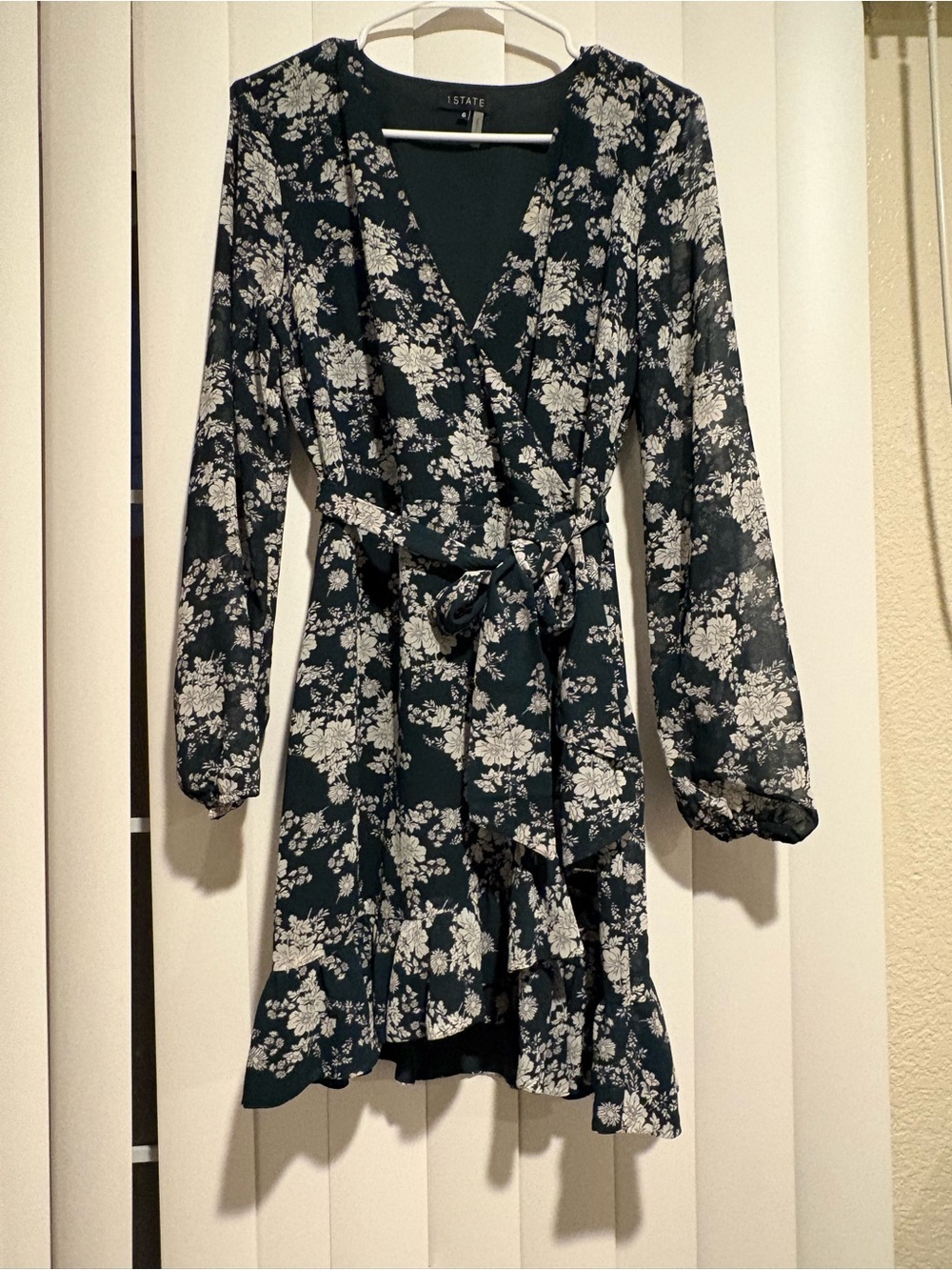 STATE Dark Teal Floral Wrap Dress with White Print